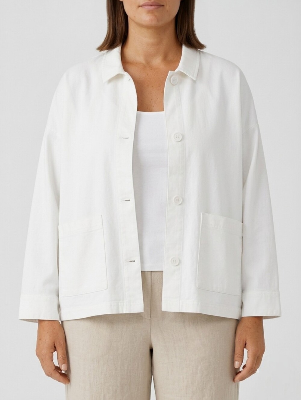 Eileen Fisher Organic Cotton Hemp Blend Boxy Chore Jacket White Patch Pocket XL